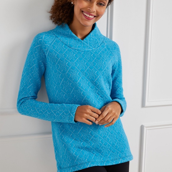 Talboots Snowflake Quilt Wrap Neck Cotton Metallic Thread Turquoise Pullover Top - Picture 1 of 11
